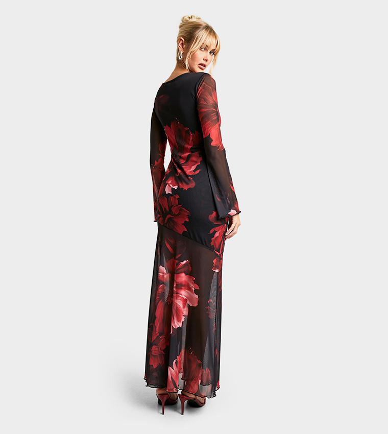 Floral Print Godet Seam Maxi Dress