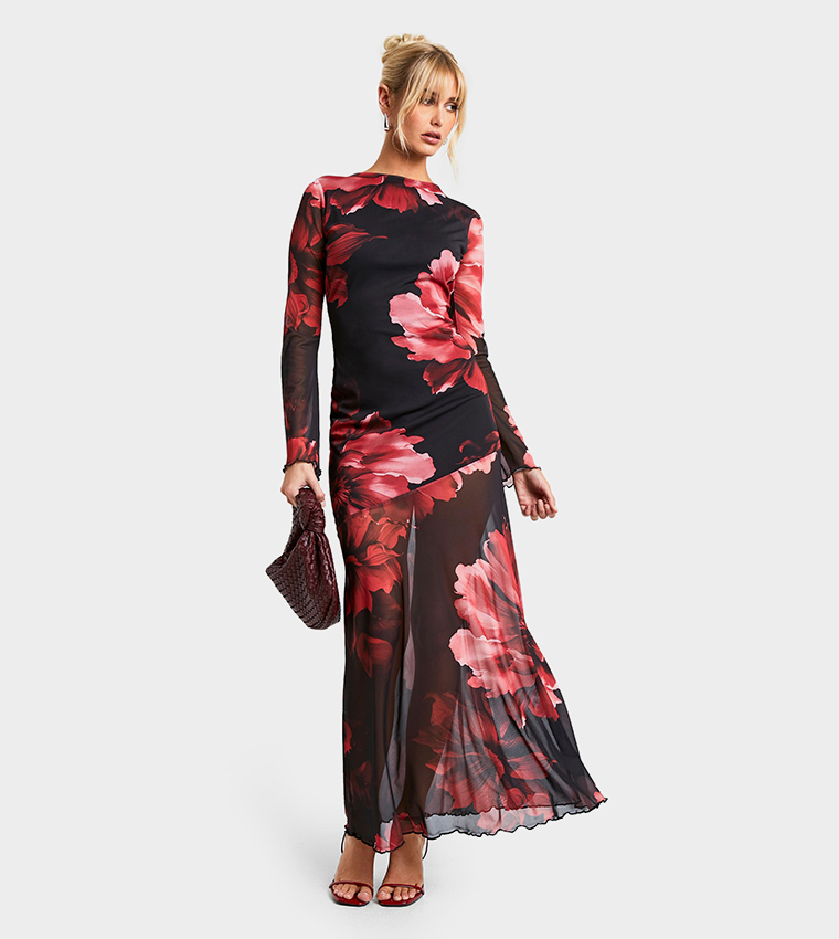Floral Print Godet Seam Maxi Dress