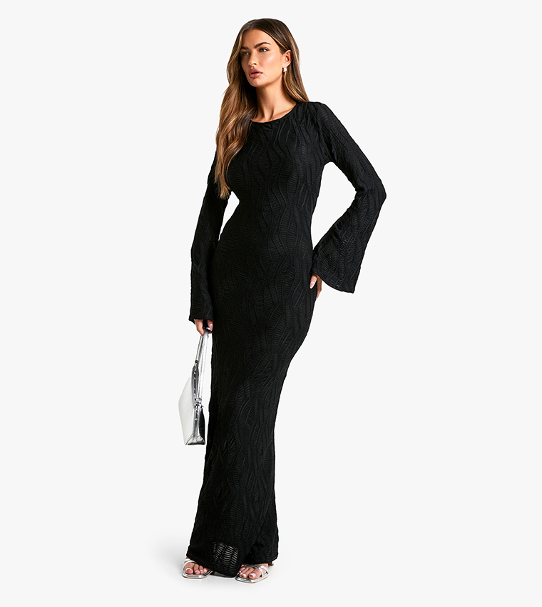 Textured Flared Sleeves Maxi Dress