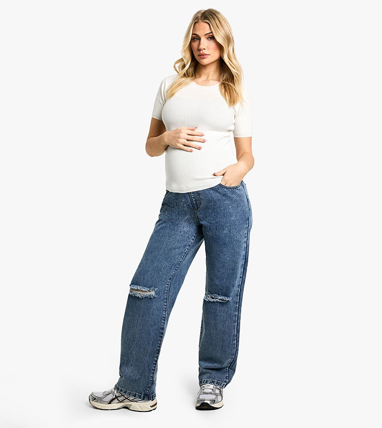 Maternity Over The Bump Ripped Knee Boyfriend Jeans
