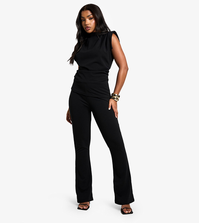 Scuba Crepe Shoulder Pad Top And Flared Pants Set