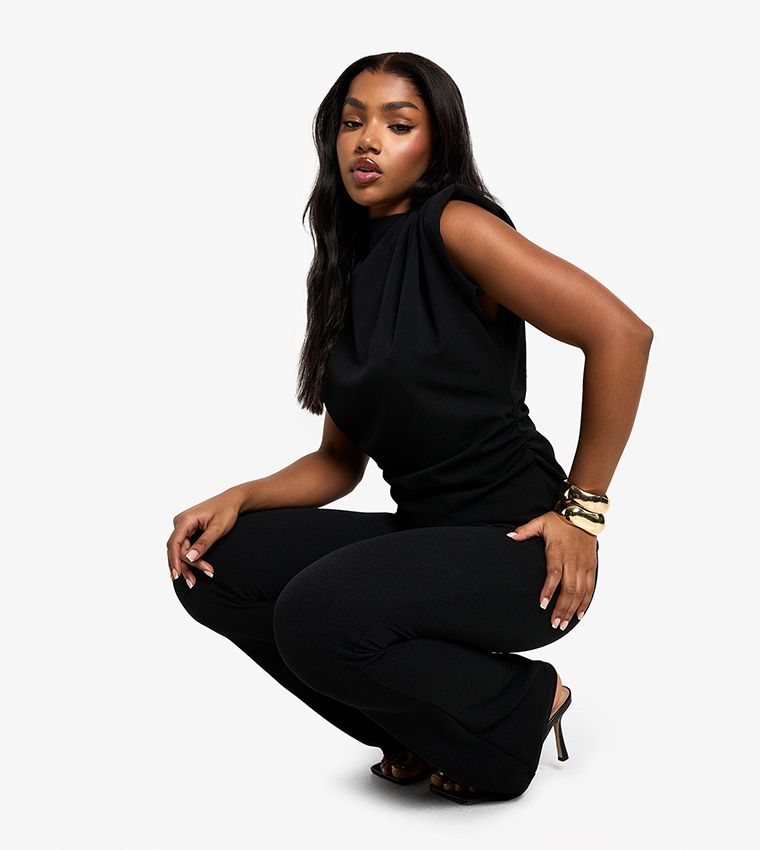 Scuba Crepe Shoulder Pad Top And Flared Pants Set