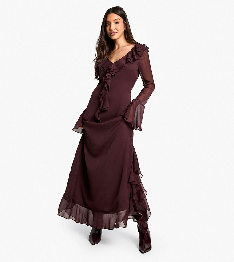 Ruffle Flared Sleeves Belted Chiffon Maxi Dress