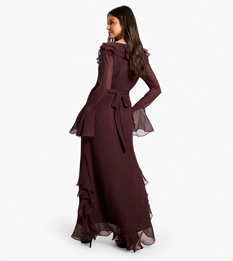 Ruffle Flared Sleeves Belted Chiffon Maxi Dress