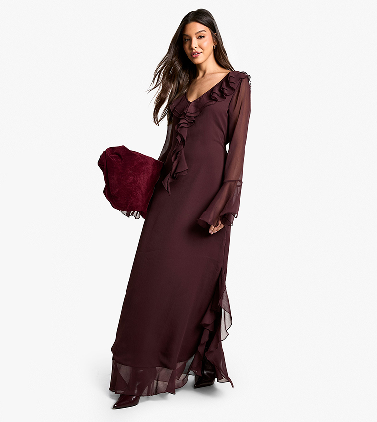 Ruffle Flared Sleeves Belted Chiffon Maxi Dress