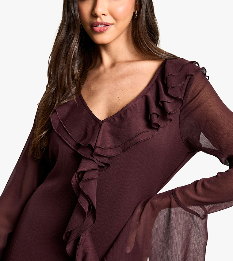 Ruffle Flared Sleeves Belted Chiffon Maxi Dress