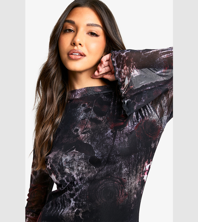 Abstract Print Mesh High Neck Flare Sleeves Mini Dress