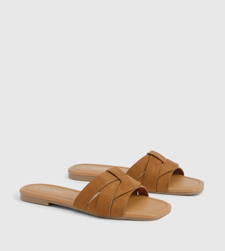 Buy Boohoo Wide Fit Faux Suede Woven Solid Flat Sandals In Tan