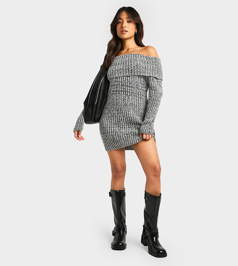 Buy Boohoo Petite Marl Boucle Knit Off Shoulder Jumper Dress In