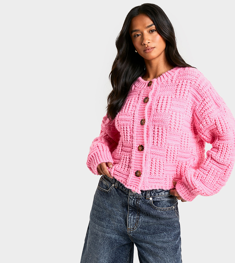 Buy Boohoo Petite Chunky Basket Stitch Cardigan In Pink