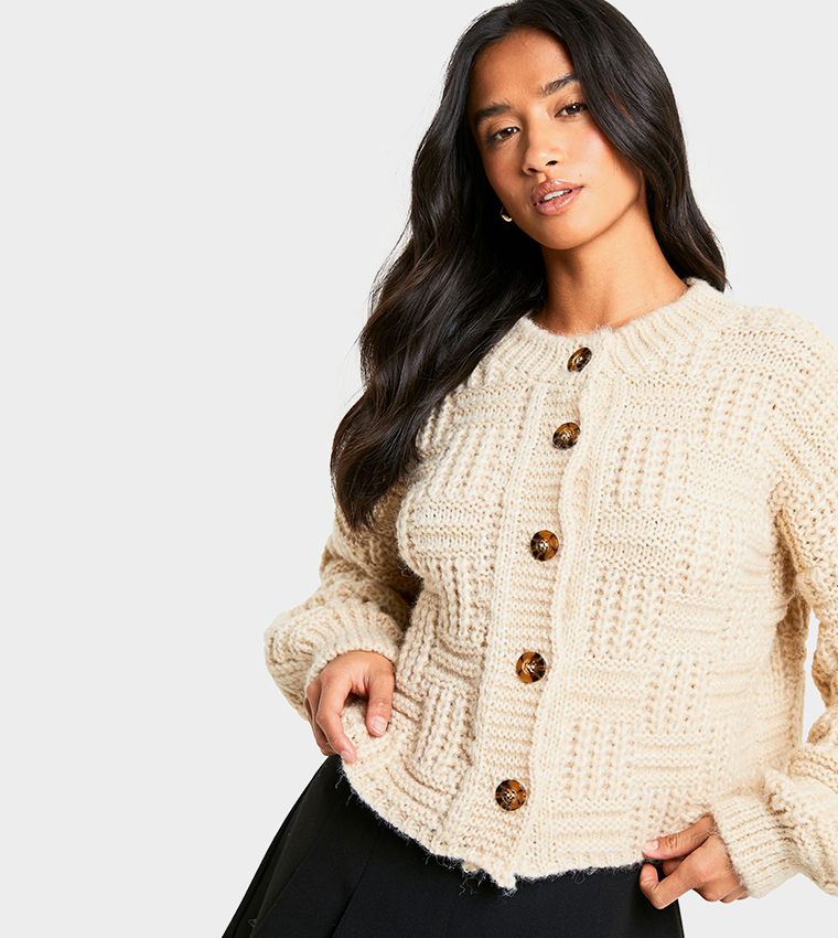 Buy Boohoo Petite Chunky Basket Stitch Cardigan In Beige