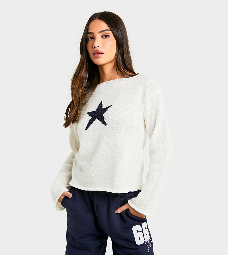 Buy Boohoo Petite Star Turtleneck Knit Jumper In White 6thStreet UAE