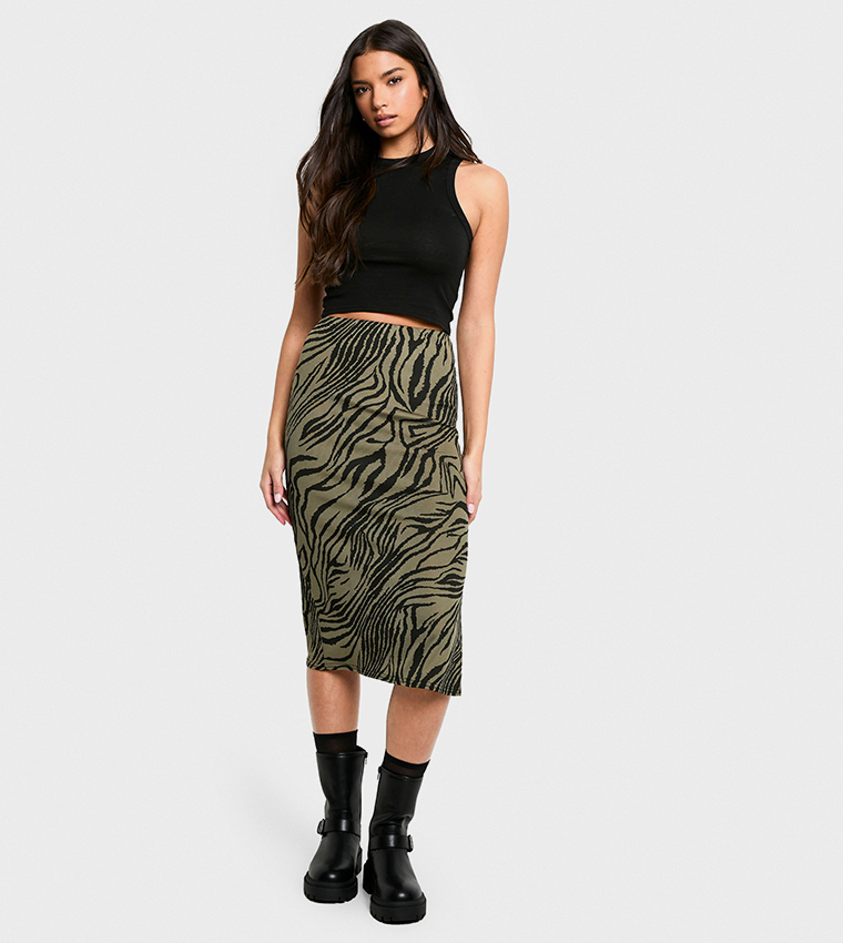 Buy Boohoo Zebra Print Ribbed Side Split Midi Skirt In Multiple