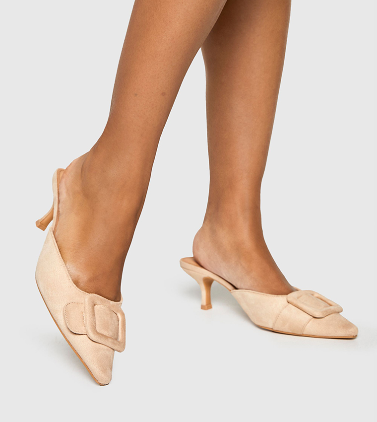 Faux Suede Buckle Front Mule Pumps