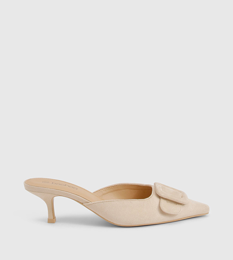 Faux Suede Buckle Front Mule Pumps