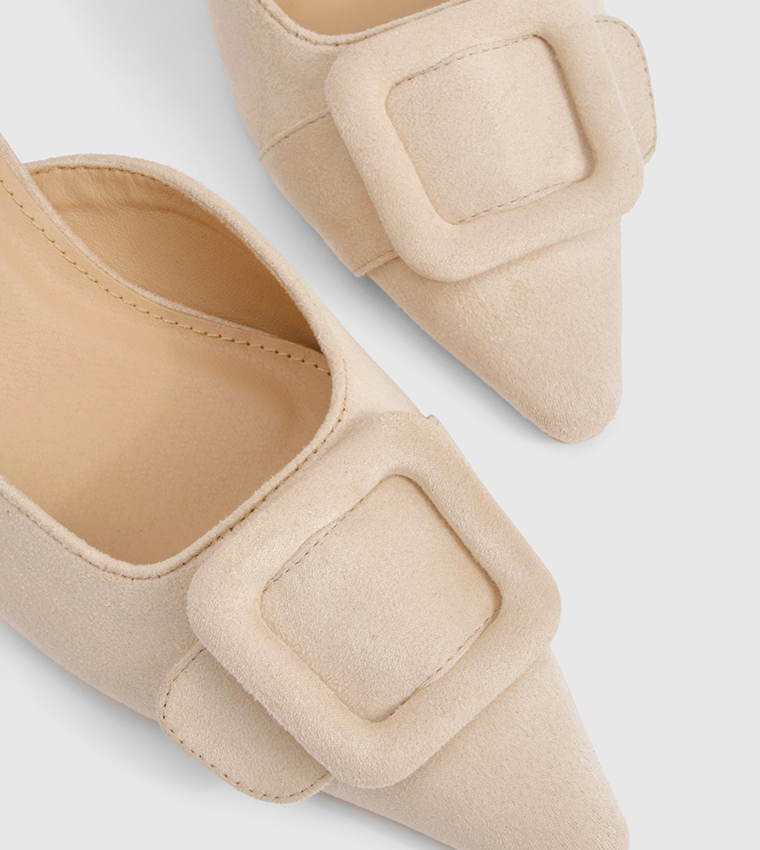 Faux Suede Buckle Front Mule Pumps