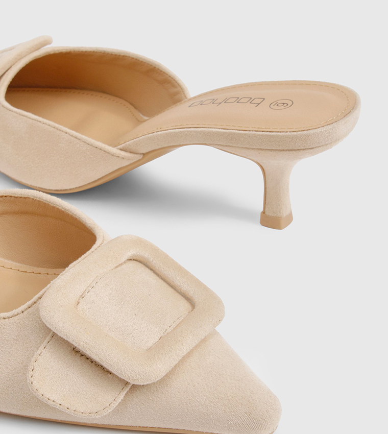 Faux Suede Buckle Front Mule Pumps