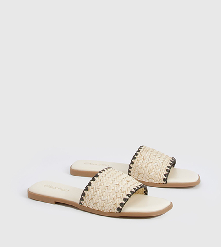 Contrast Stitch Raffia Flat Sandals