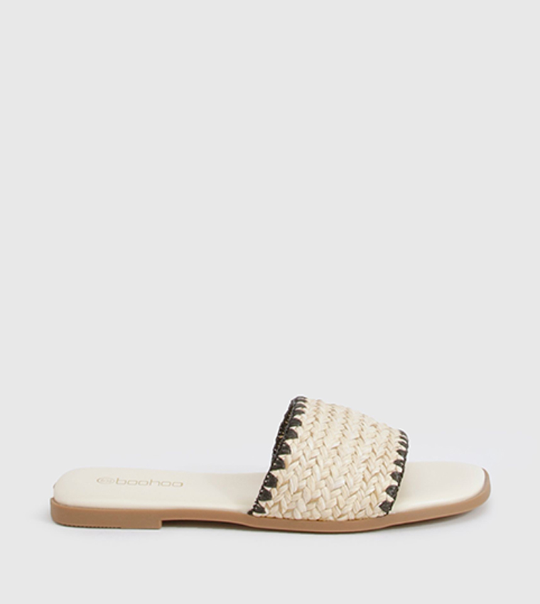 Contrast Stitch Raffia Flat Sandals