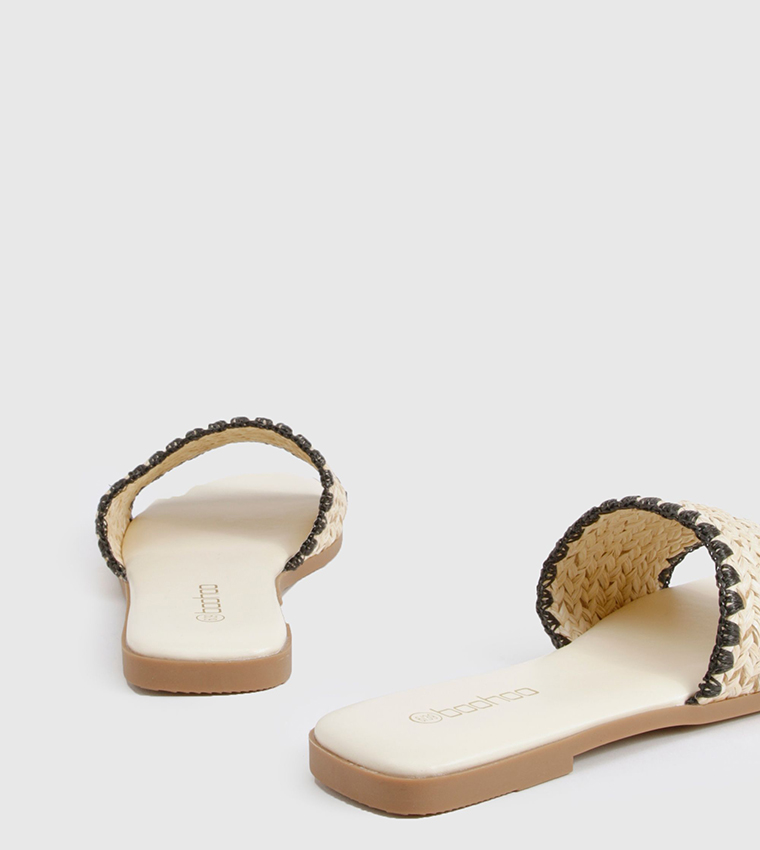 Contrast Stitch Raffia Flat Sandals