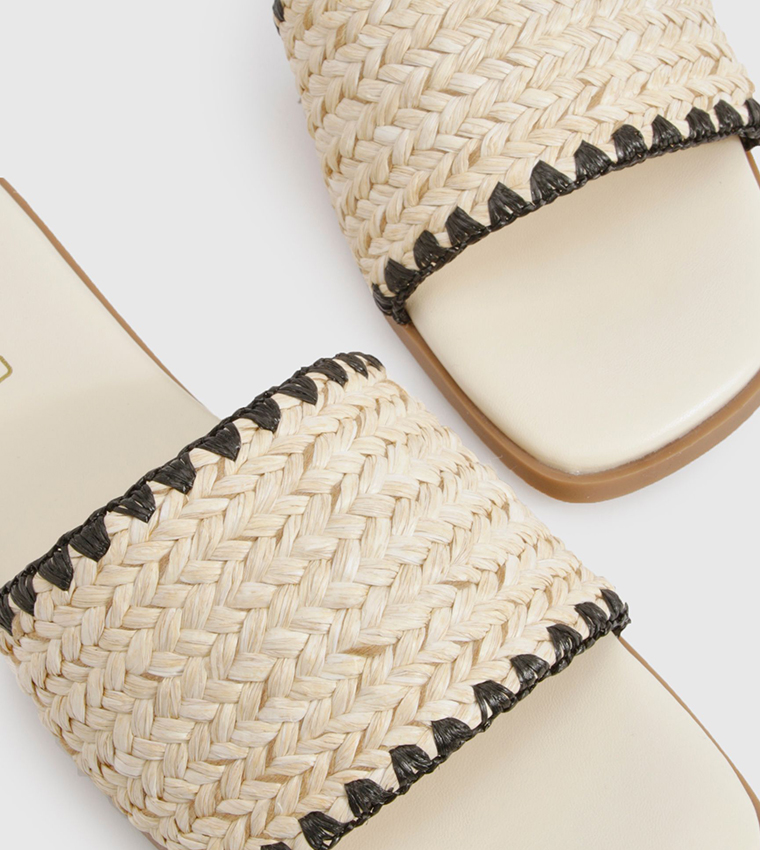 Contrast Stitch Raffia Flat Sandals