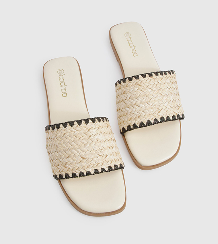 Contrast Stitch Raffia Flat Sandals