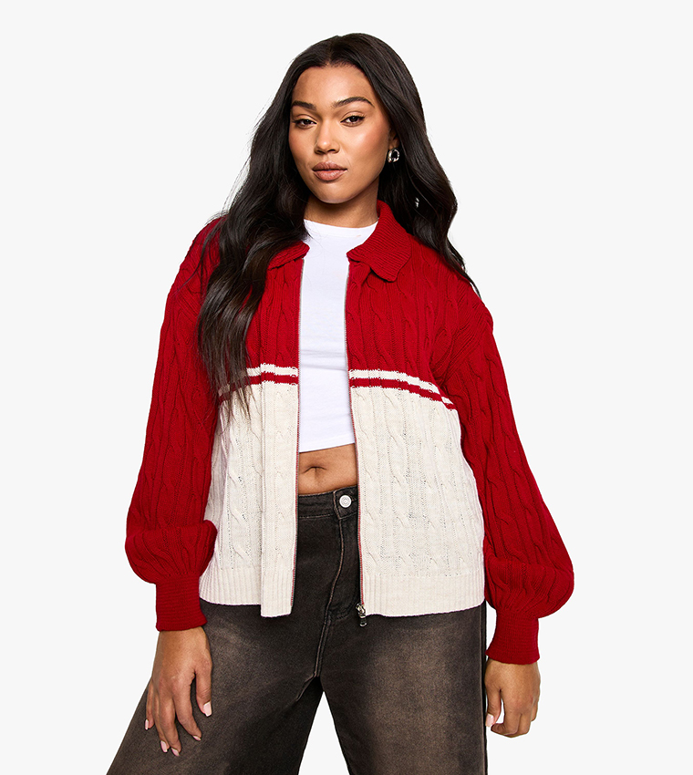 Curve Color Block Cable Knit Zip-Through Cardigan