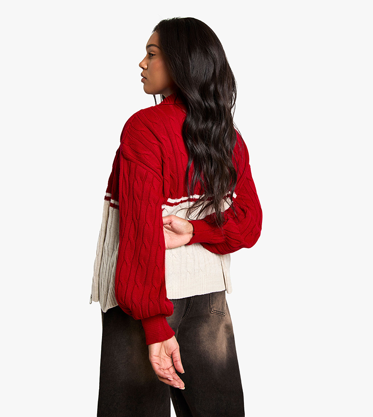 Curve Color Block Cable Knit Zip-Through Cardigan