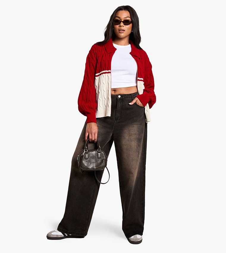 Curve Color Block Cable Knit Zip-Through Cardigan