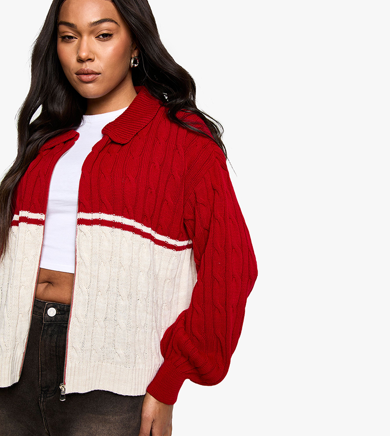 Curve Color Block Cable Knit Zip-Through Cardigan