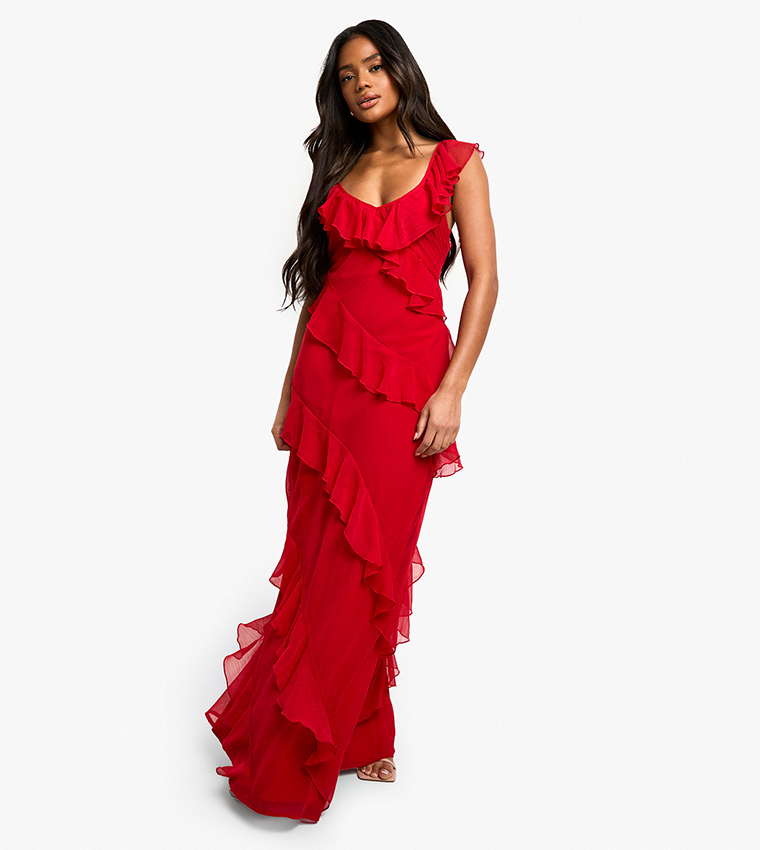 Chiffon Ruffle Strappy Maxi Dress