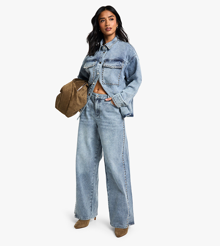 Petite Stud Detail Wide Leg Jeans