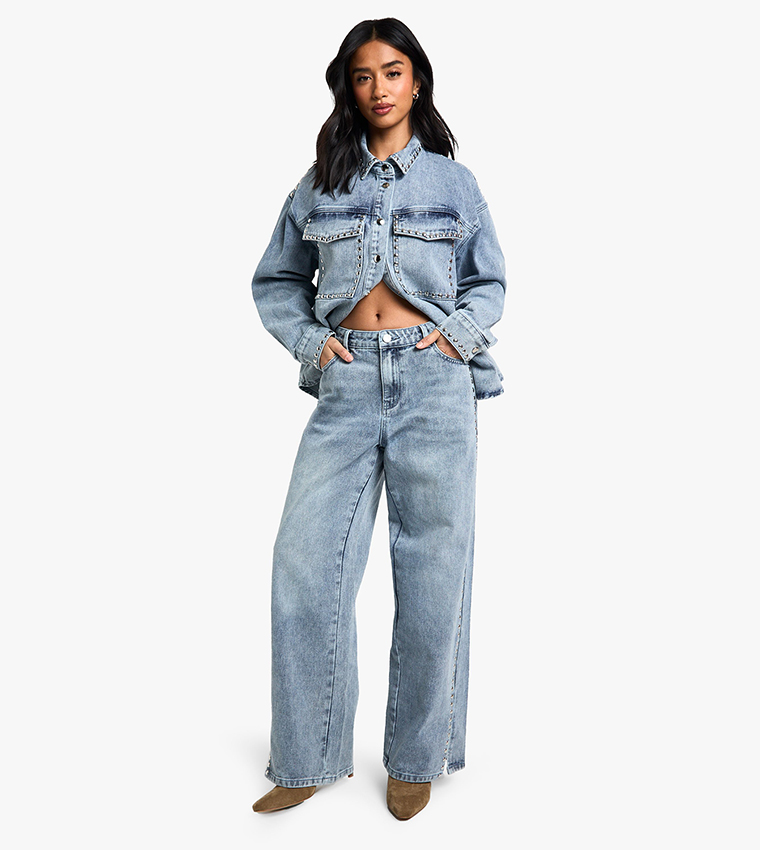 Petite Stud Detail Wide Leg Jeans