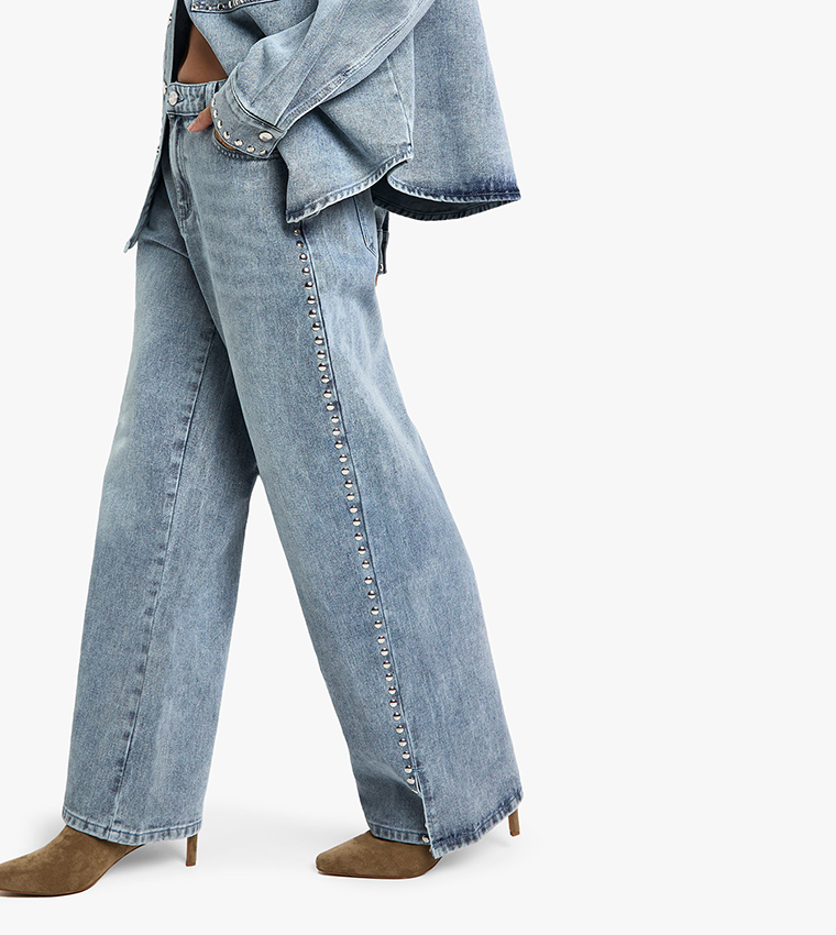 Petite Stud Detail Wide Leg Jeans