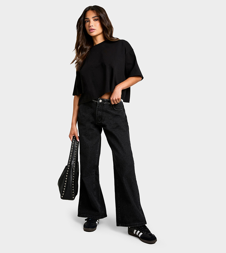 Petite Micro Stud Detail Wide Leg Jeans
