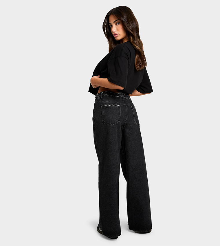 Petite Micro Stud Detail Wide Leg Jeans