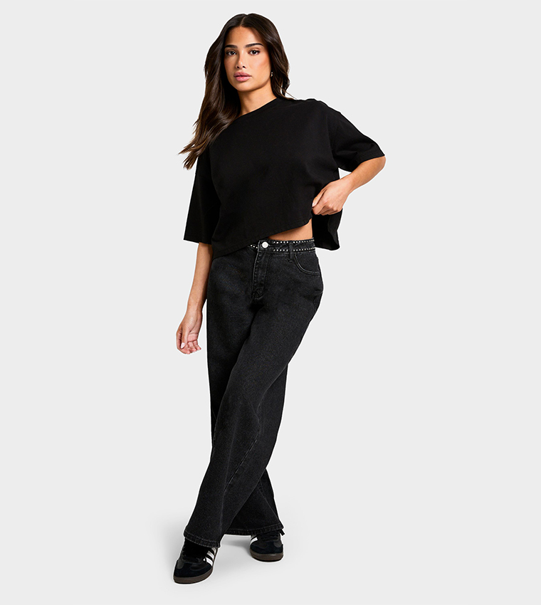 Petite Micro Stud Detail Wide Leg Jeans