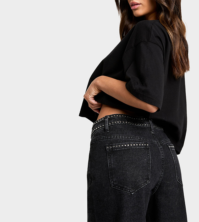 Petite Micro Stud Detail Wide Leg Jeans