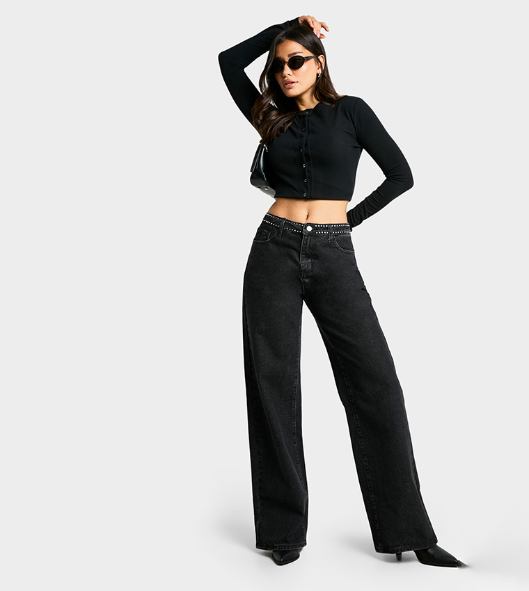 Tall Micro Stud Detail Wide Leg Jeans