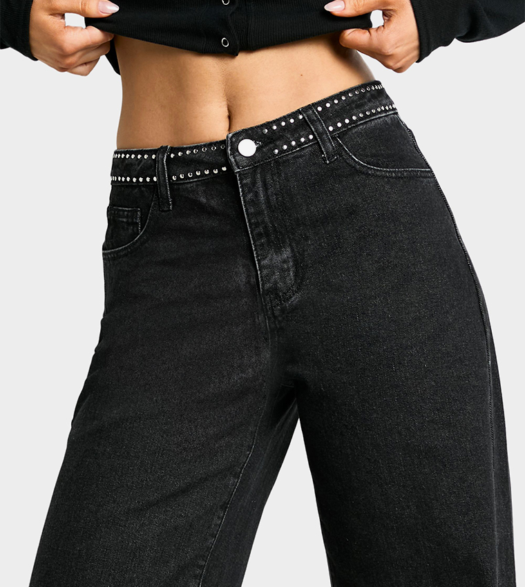 Tall Micro Stud Detail Wide Leg Jeans