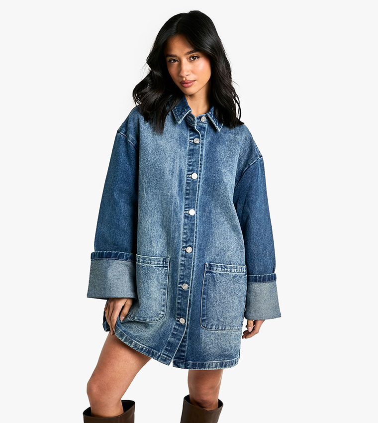 Petite Utility Turn Cuff Denim Oversized Shirt Dress