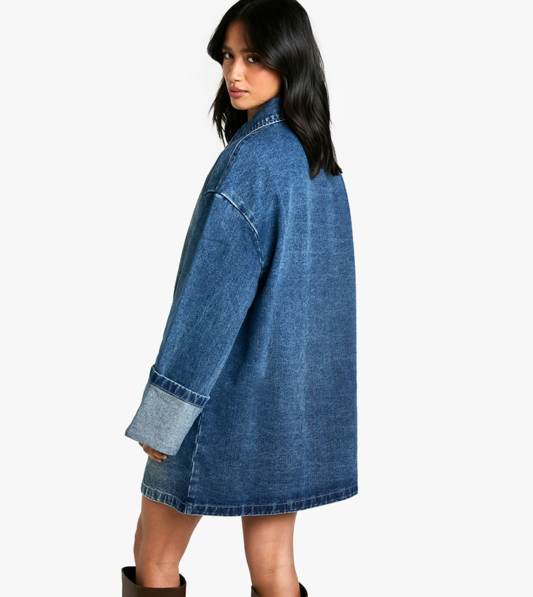 Petite Utility Turn Cuff Denim Oversized Shirt Dress