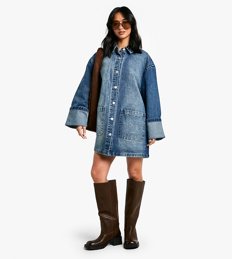 Petite Utility Turn Cuff Denim Oversized Shirt Dress