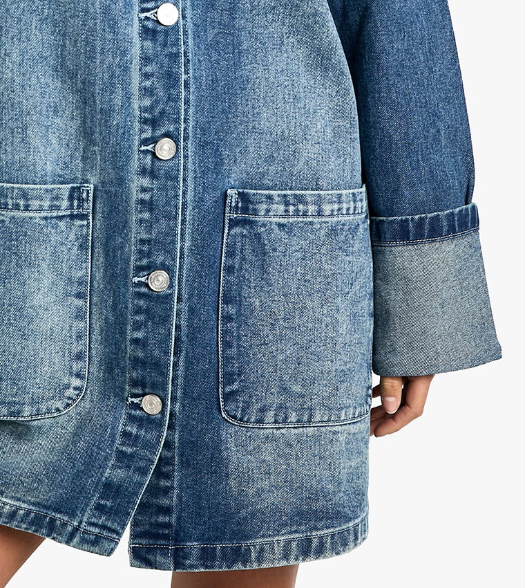 Petite Utility Turn Cuff Denim Oversized Shirt Dress