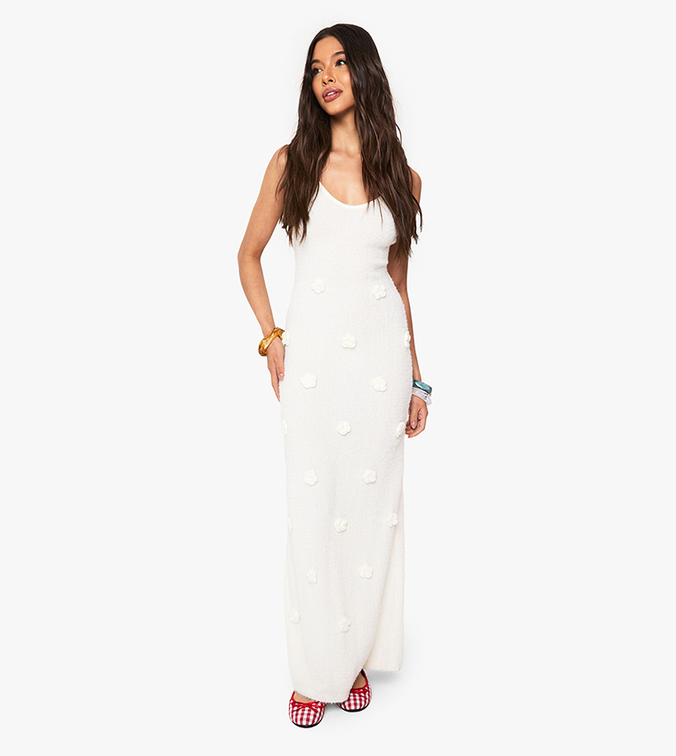 Knitted Floral Appliqued Crochet Maxi Dress