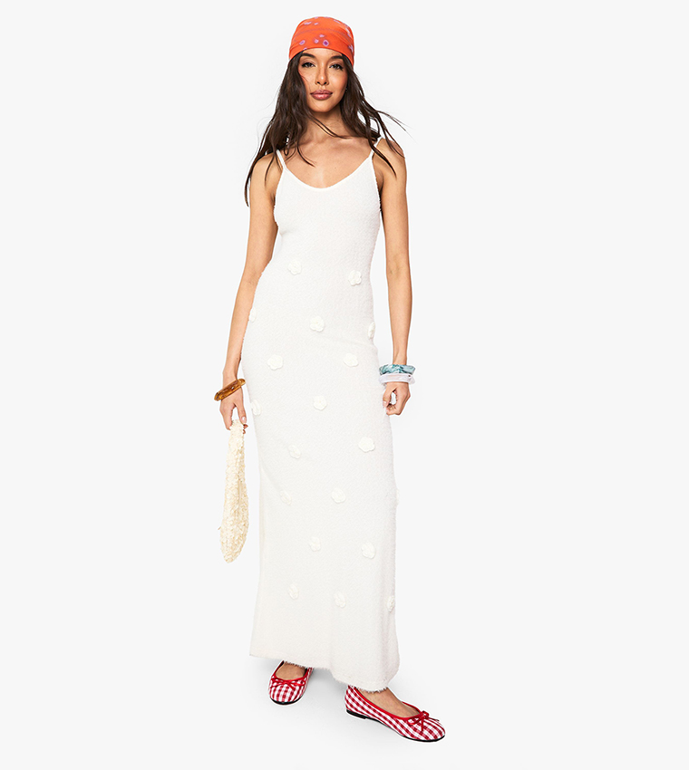 Knitted Floral Appliqued Crochet Maxi Dress