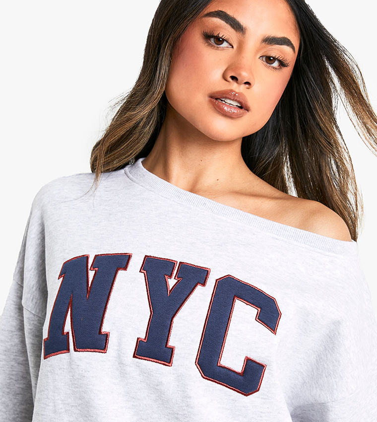 NYC Appliqued Off Shoulder Sweatshirt