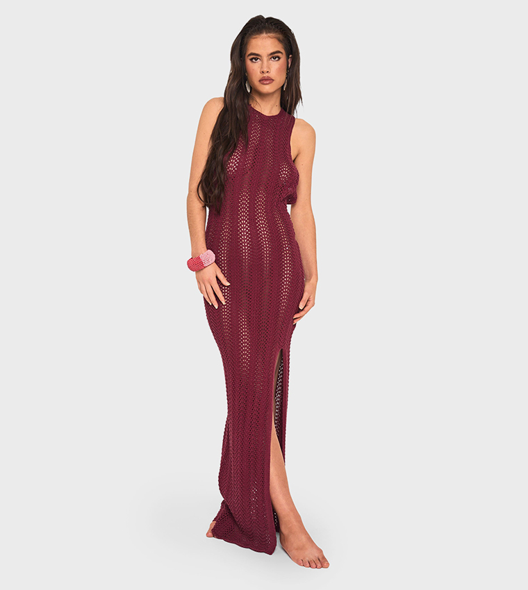 Buy Boohoo Scoop Back Crochet Beach Dress In Red | 6thStreet UAE