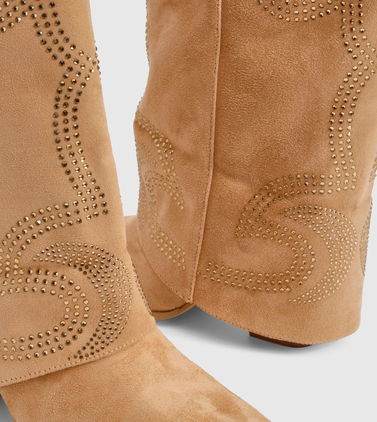 Buy Boohoo Faux Suede Studded Foldover Western Boots In Brown