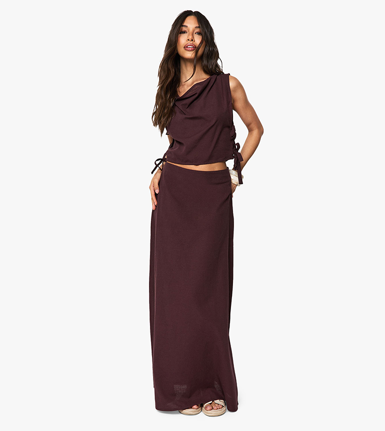 Linen Look Cowl Neck Crop Top & Maxi Skirt Co-Ord Set